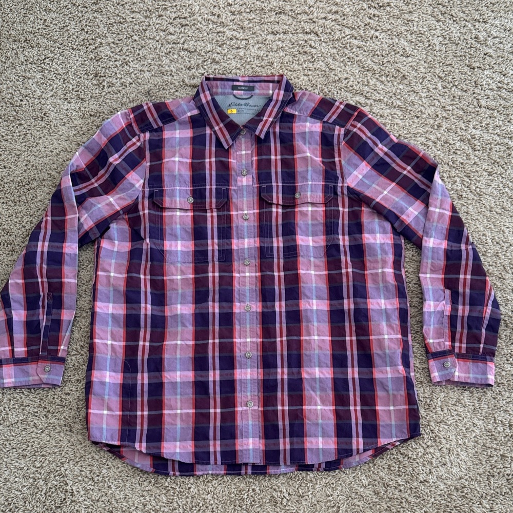 Eddie Bauer Womens Long-sleeve TravEx Travel Plaid Button Shirt Classic Fit, L